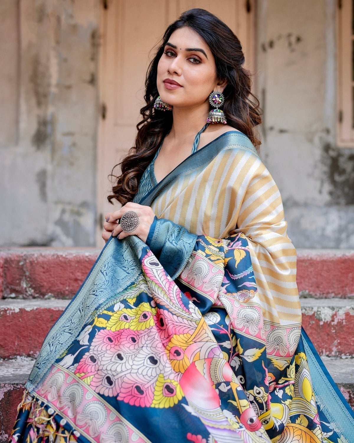 Beige & Teal Tussar Silk Saree with Intricate Kalamkari and Zari