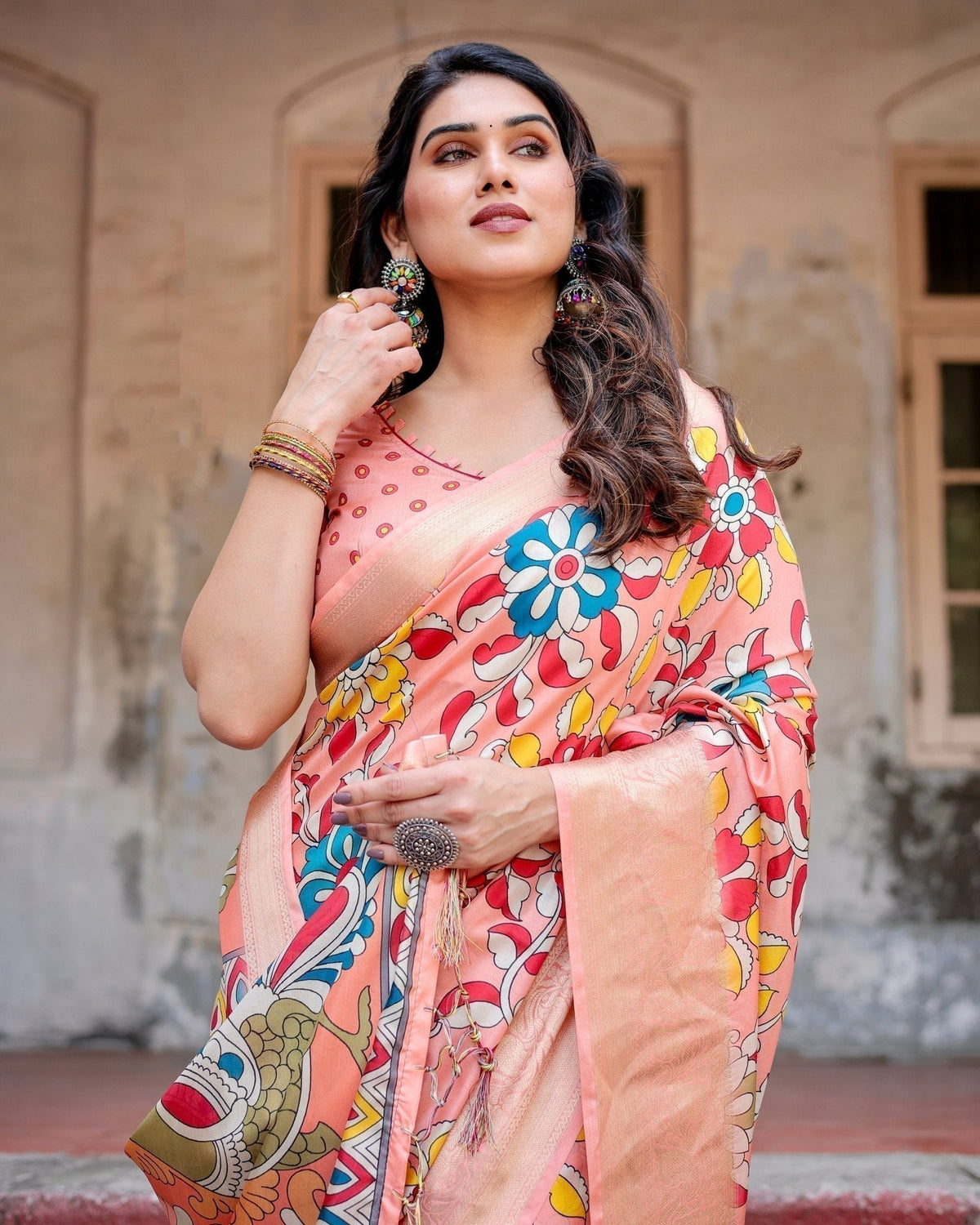 Peach Tussar Silk Saree with Vibrant Floral Kalamkari and Zari