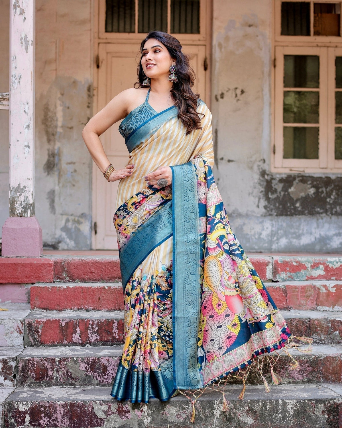 Beige & Teal Tussar Silk Saree with Intricate Kalamkari and Zari