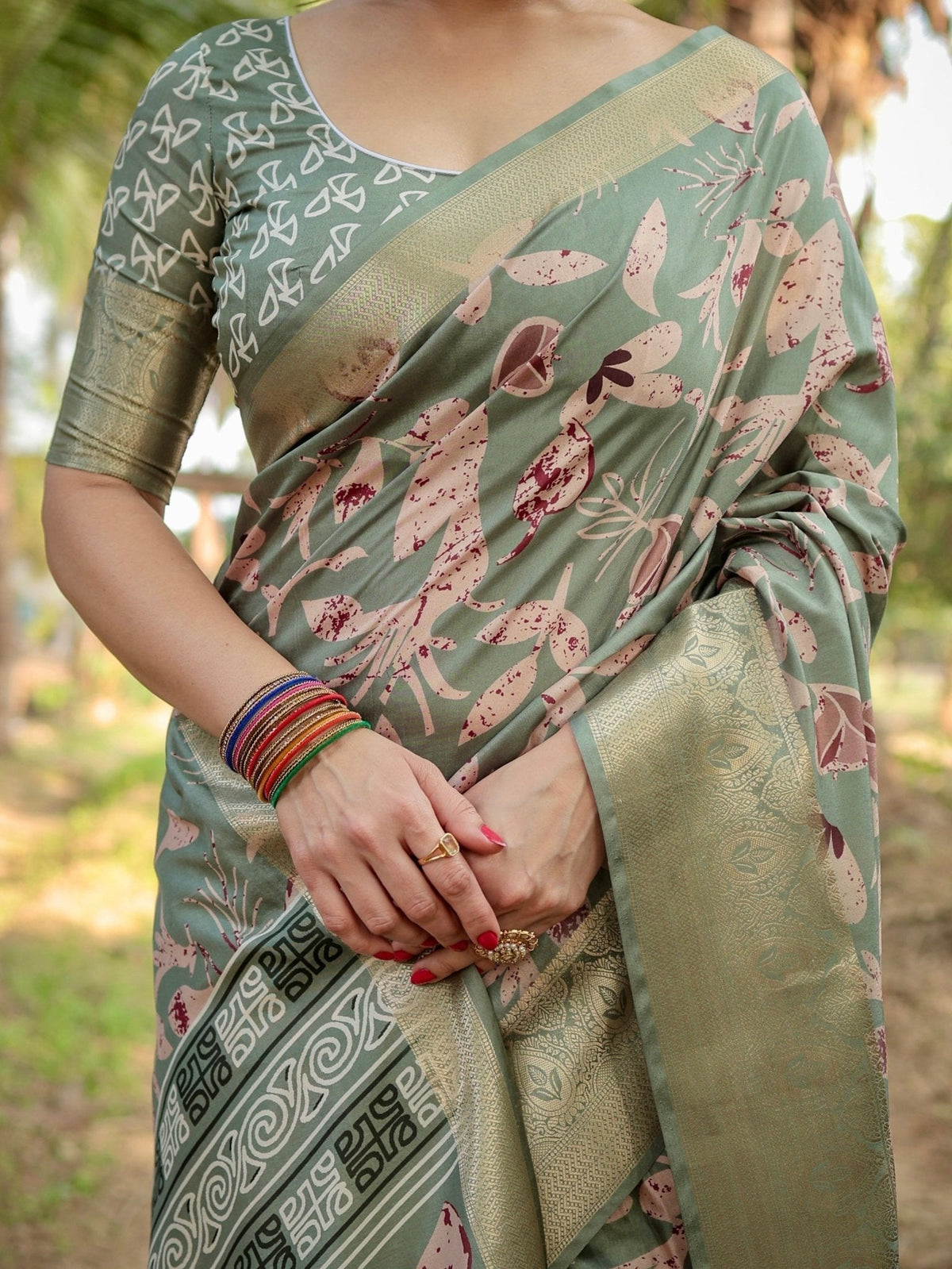 Graceful Olive Green Tussar Silk Saree with Intricate Beige and Maroon
