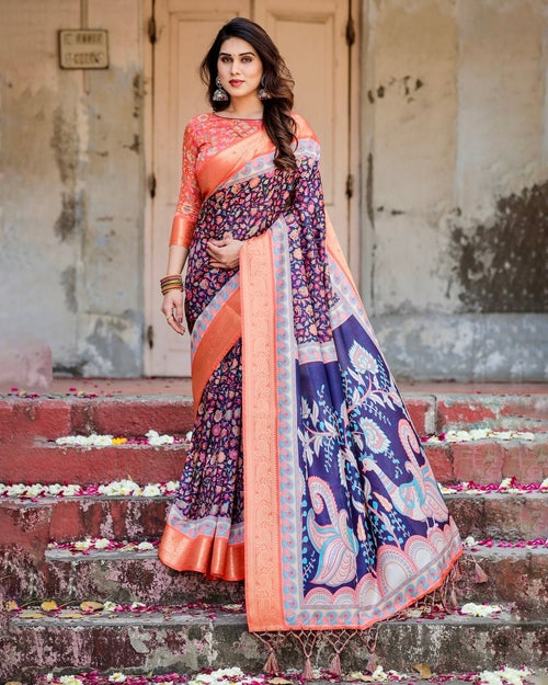 Navy Blue and Peach Tussar Silk Saree with Peacock Motifs and Floral