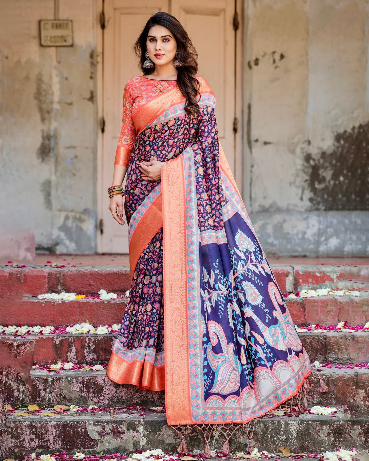 Navy Blue and Peach Tussar Silk Saree with Peacock Motifs and Floral