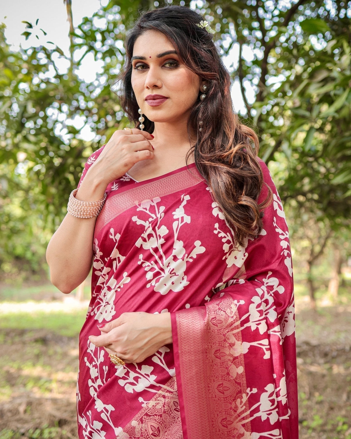 Maroon Tussar Silk Saree with White Floral Motifs, Intricate Zari