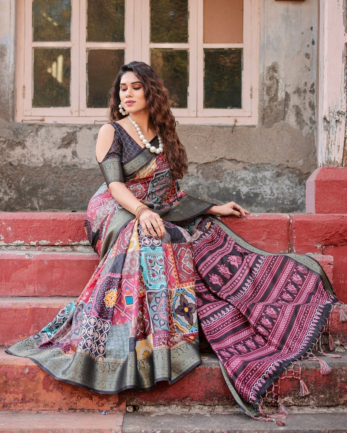 Multicolor Tussar Silk Saree with Ornamental Patchwork and Olive Zari