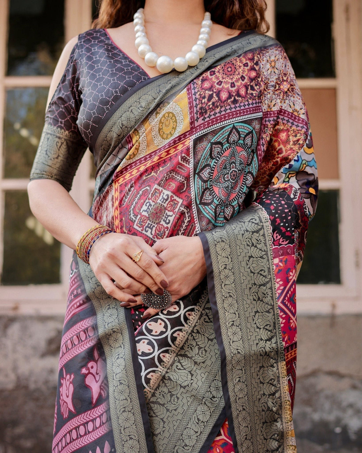 Multicolor Tussar Silk Saree with Ornamental Patchwork and Olive Zari