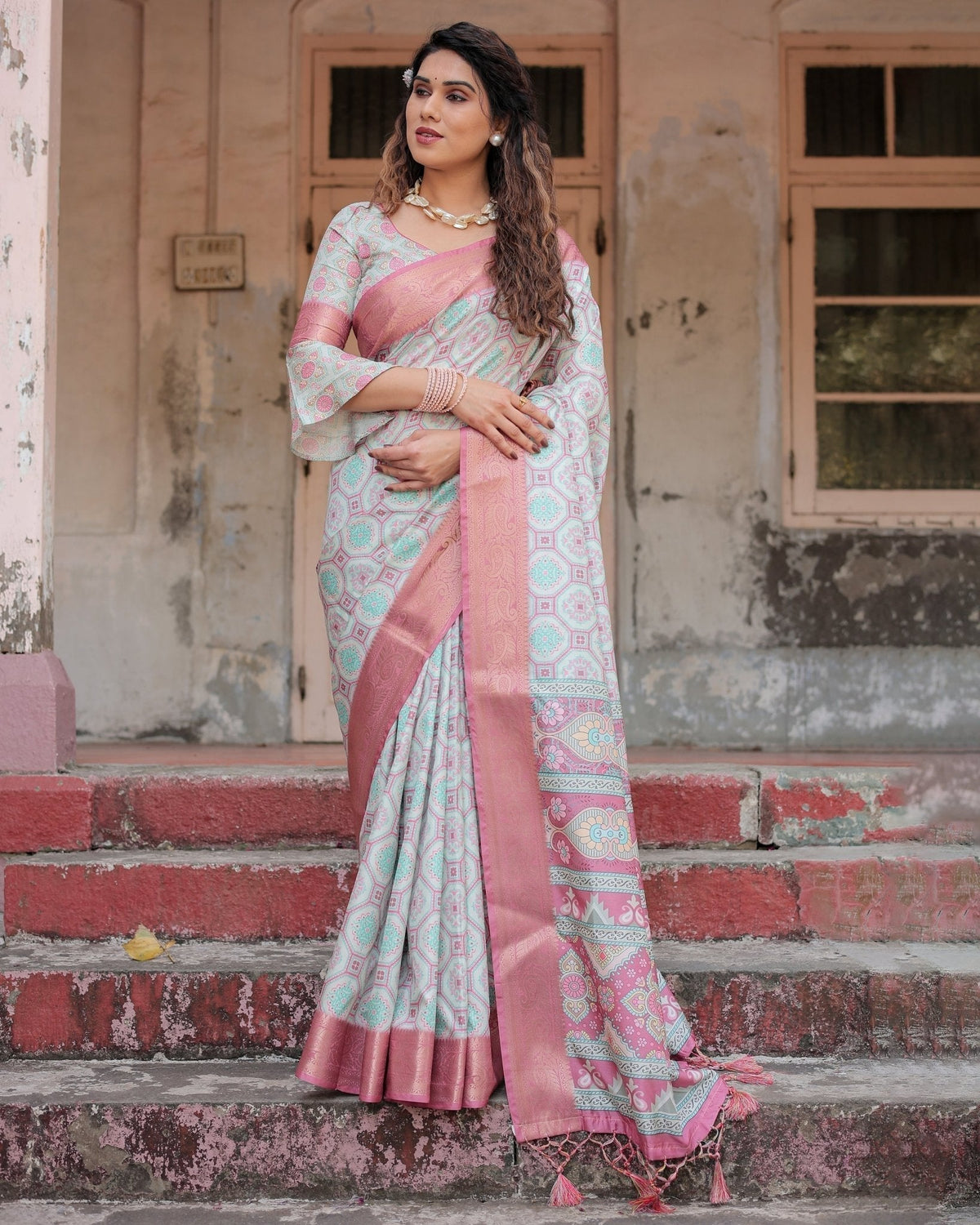 Pastel Pink and Mint Green Geometric Tussar Silk Saree with Zari