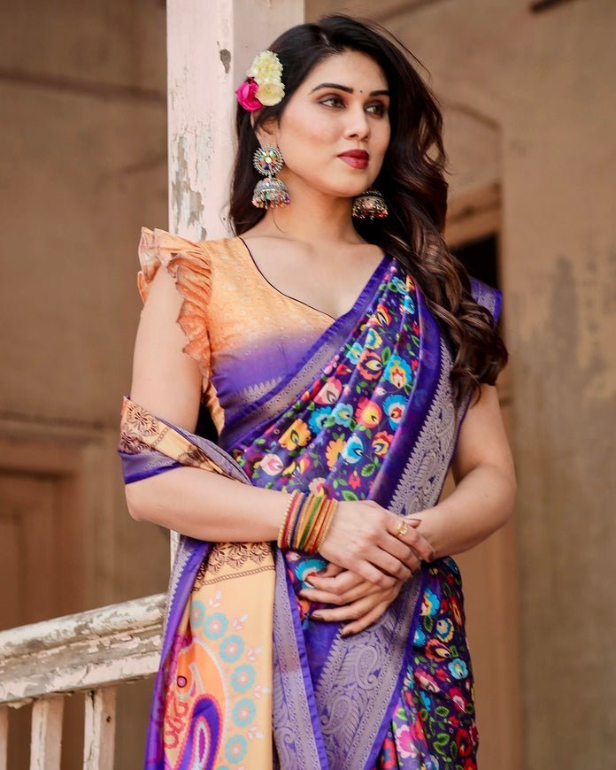 Royal Purple Tussar Silk Saree with Vibrant Floral Print and Peacock