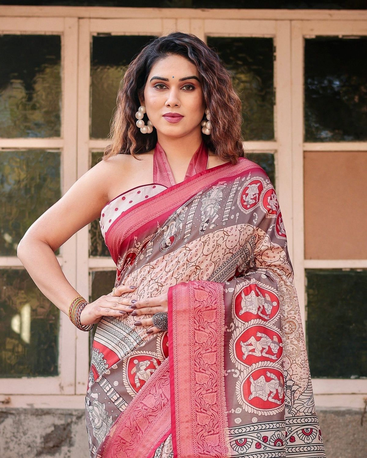 Beige and Red Tussar Silk Saree with Traditional Motifs and Ornamental