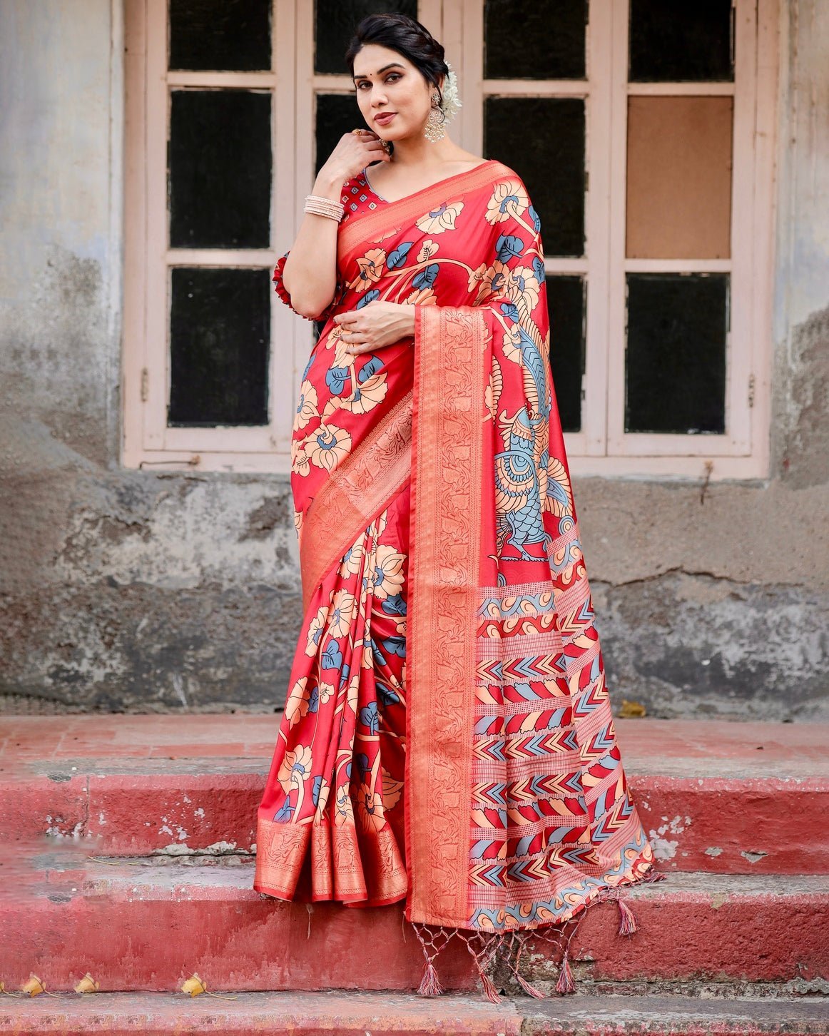 Vibrant Red Tussar Silk Saree with Bold Floral Motifs and Chevron