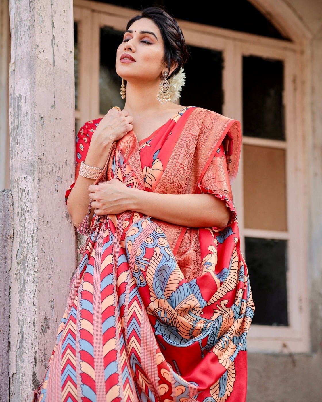 Vibrant Red Tussar Silk Saree with Bold Floral Motifs and Chevron