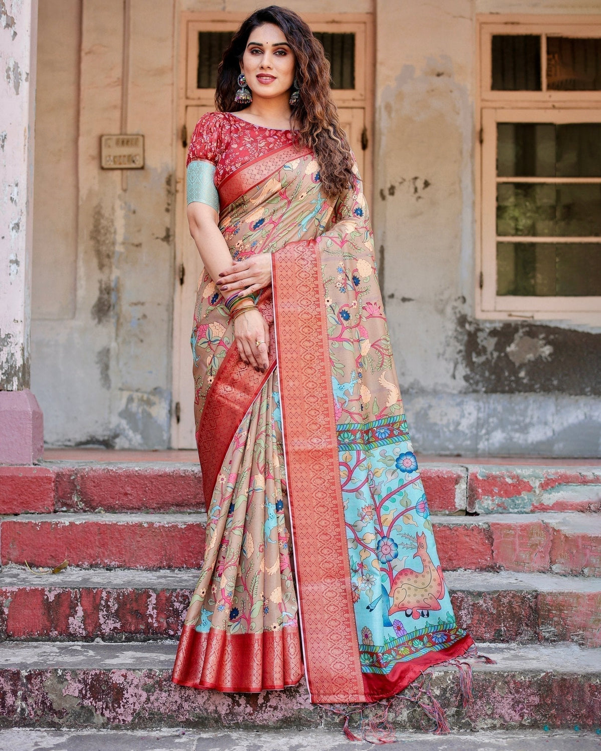 Beige Tussar Silk Saree with Vibrant Multicolor Floral Prints and Red