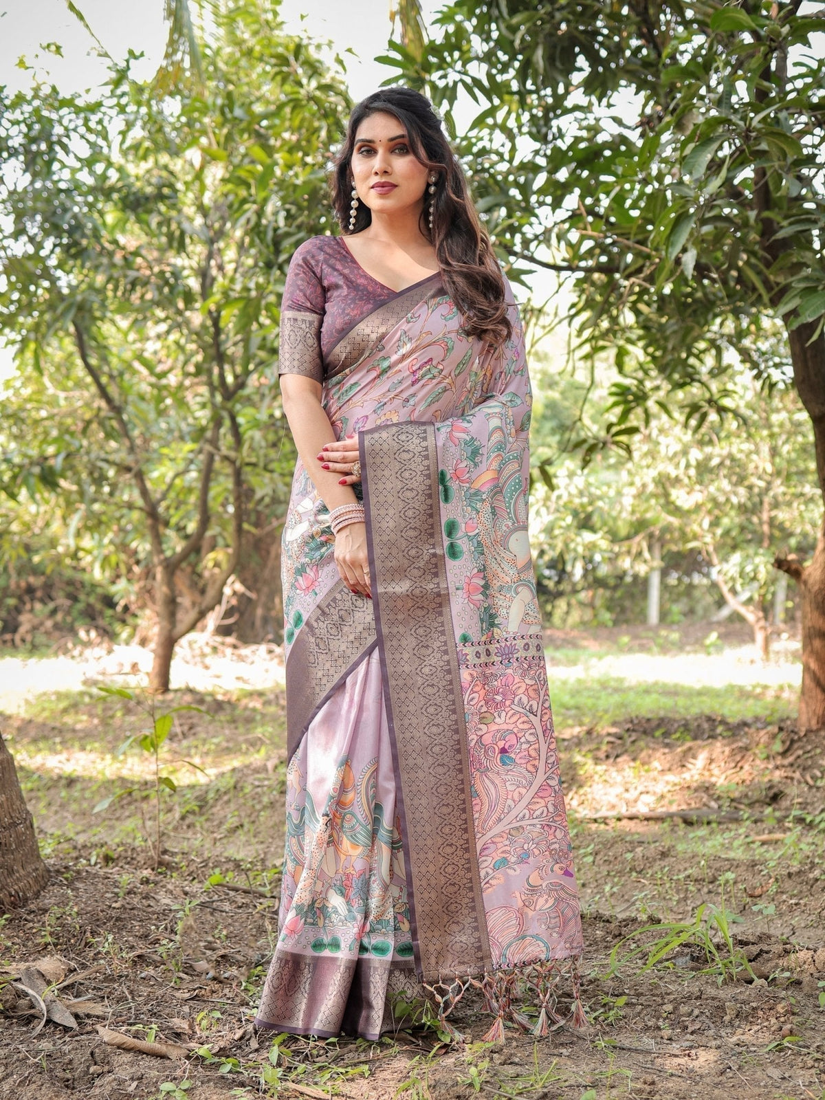 Lilac and Purple Digital Print Tussar Silk Saree with Zari Diamond