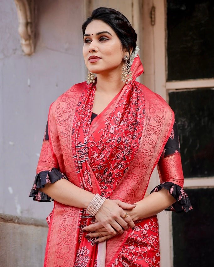 Fiery Red Tussar Silk Saree with Ornamental Motifs and Detailed Zari