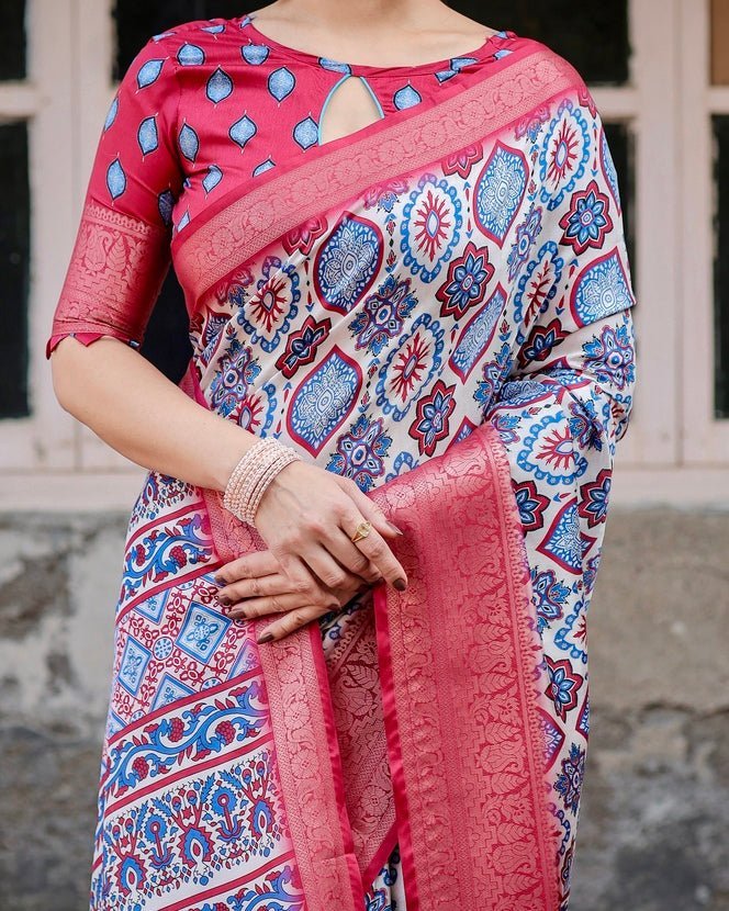 White and Red Tussar Silk Saree with Vibrant Floral Geometric Motifs