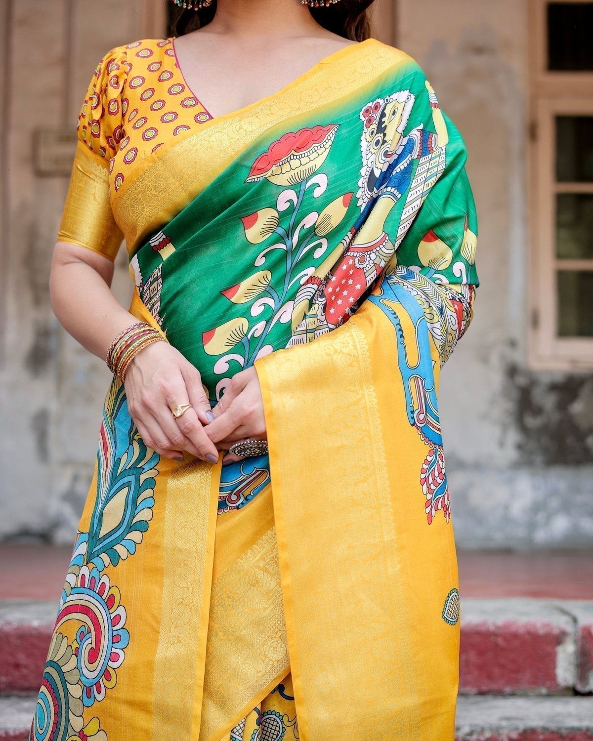Golden Yellow Tussar Silk Saree with Vibrant Peacock Kalamkari Motifs