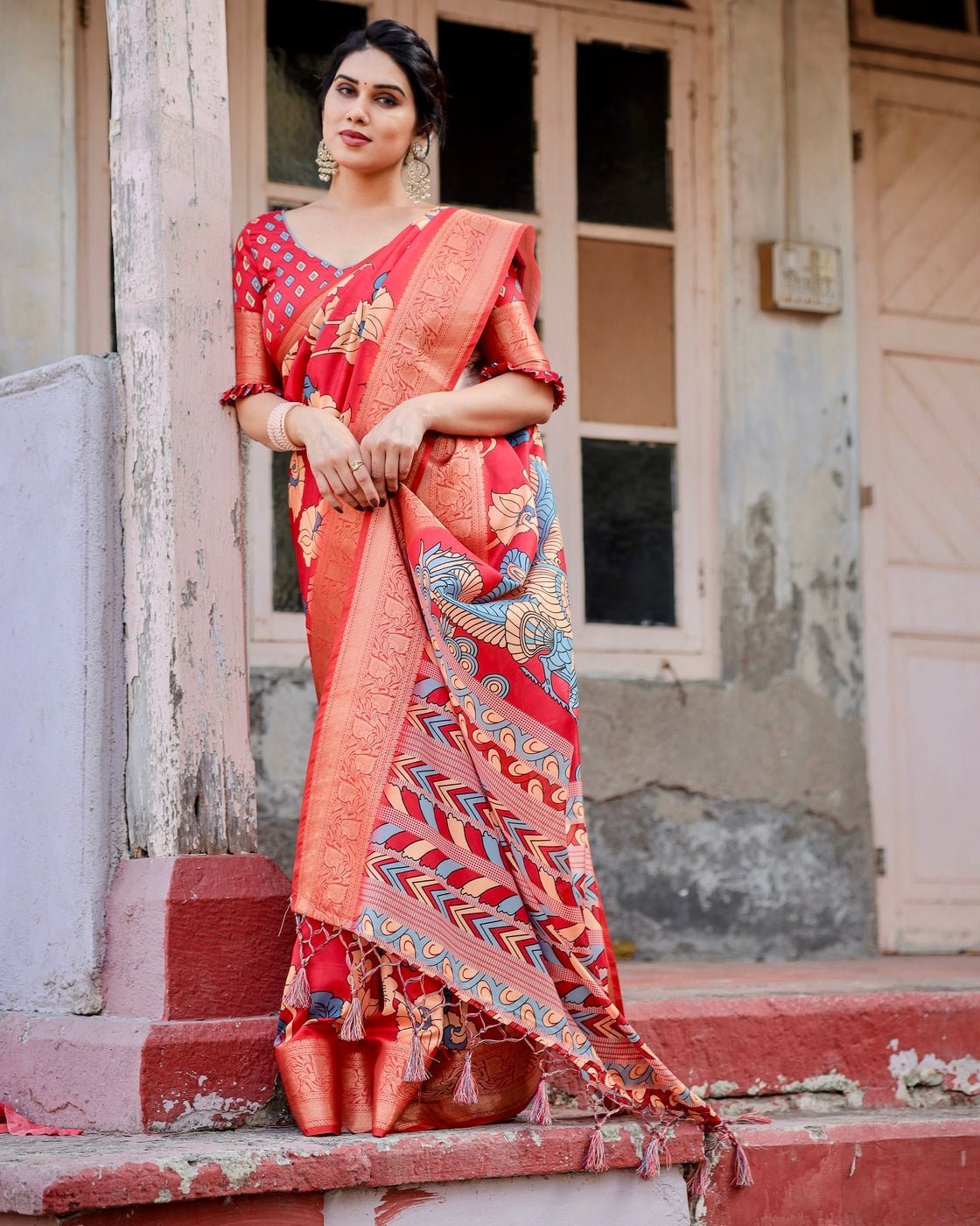 Vibrant Red Tussar Silk Saree with Bold Floral Motifs and Chevron