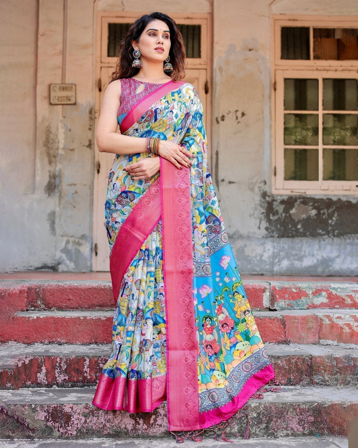 Vibrant Multicolor Digital Printed Tussar Silk Saree with Pink Zari