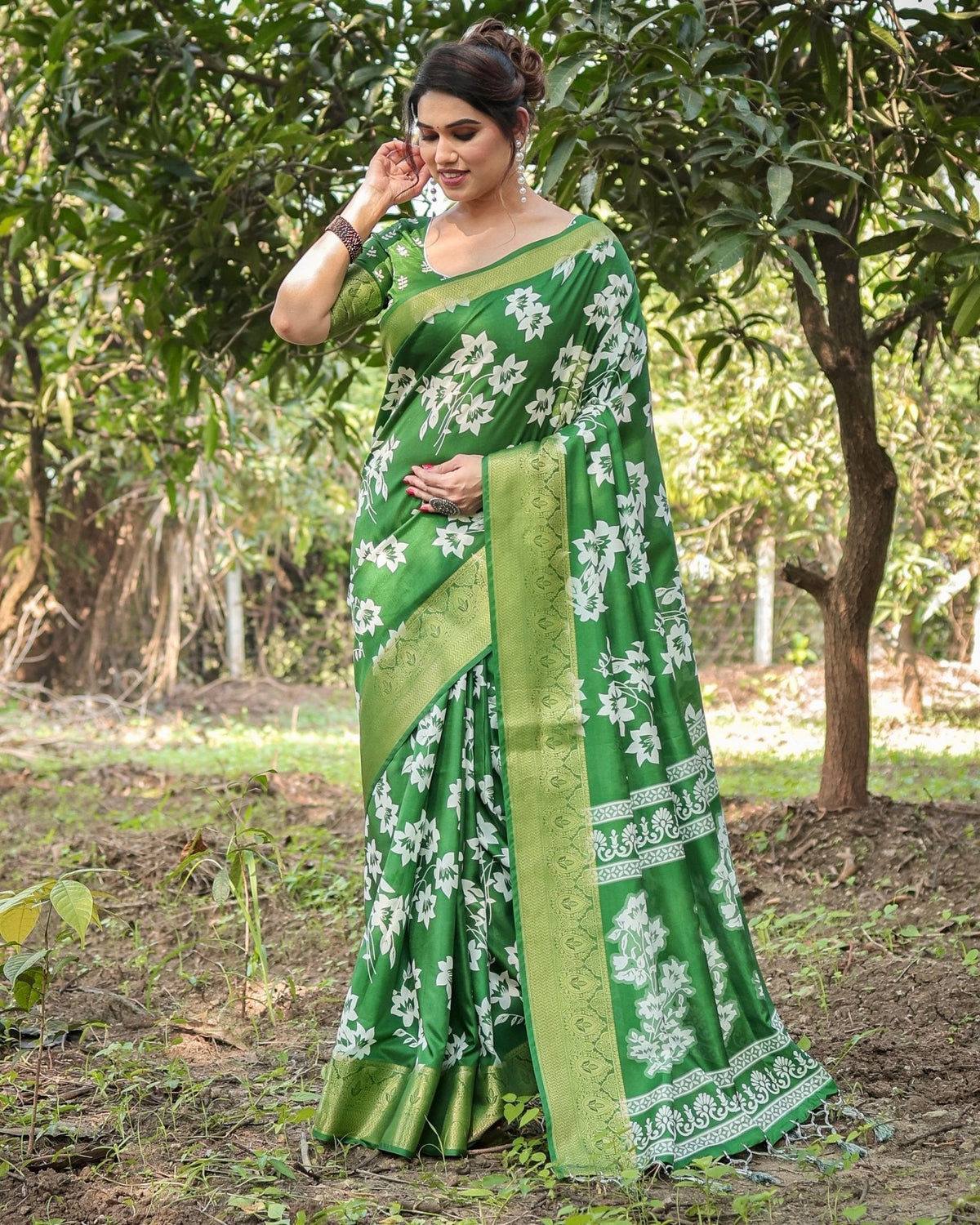 Enchanting Green Tussar Silk Saree with White Floral Prints and Zari