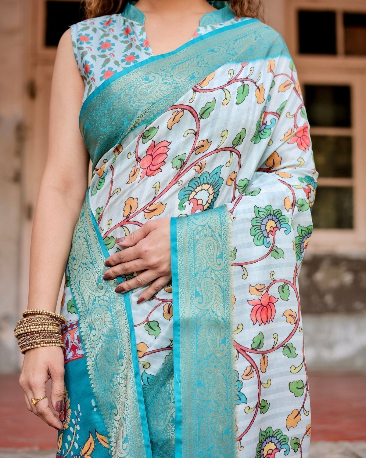 Sky Blue Tussar Silk Saree with Multicolor Floral Design and Zari