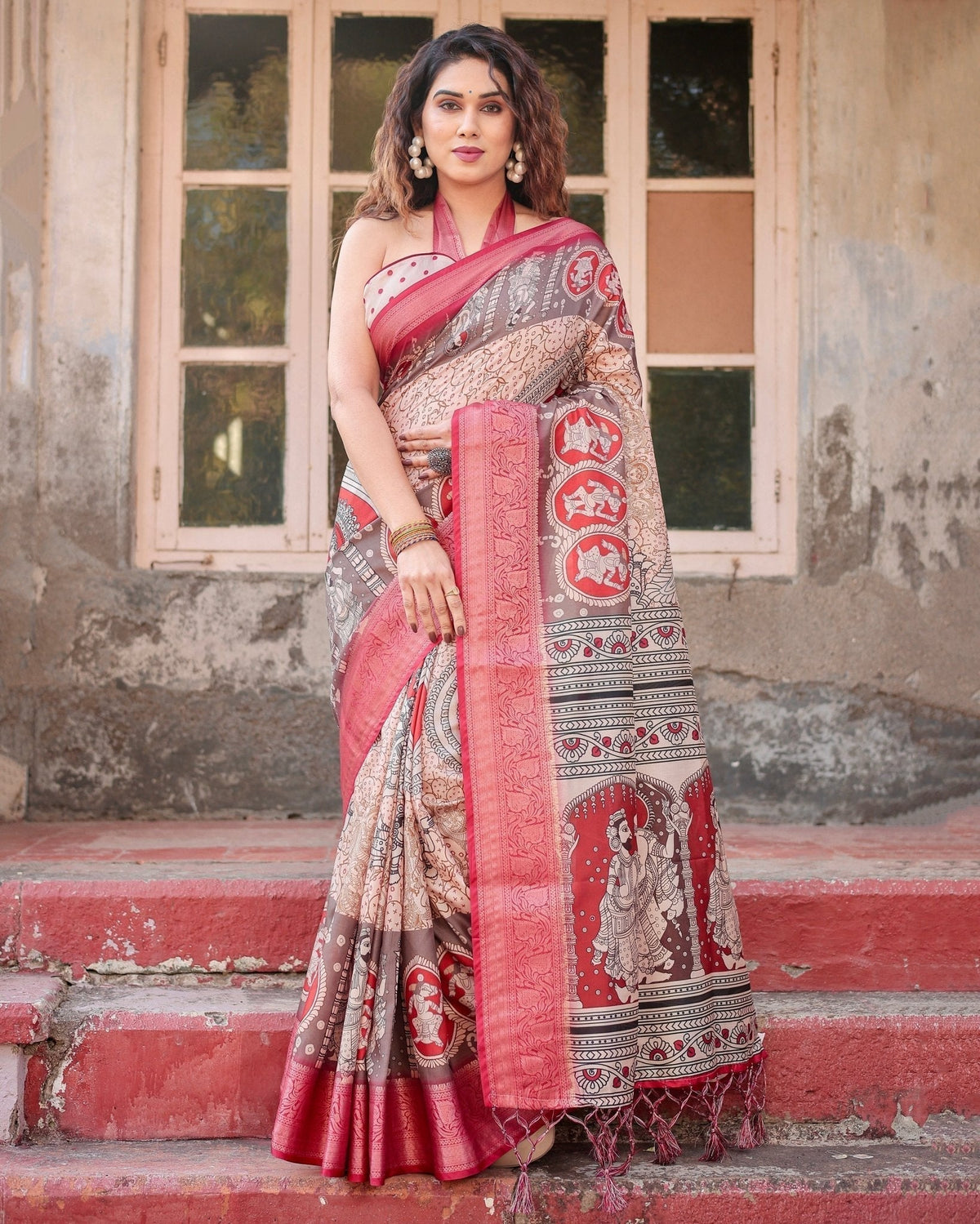 Beige and Red Tussar Silk Saree with Traditional Motifs and Ornamental