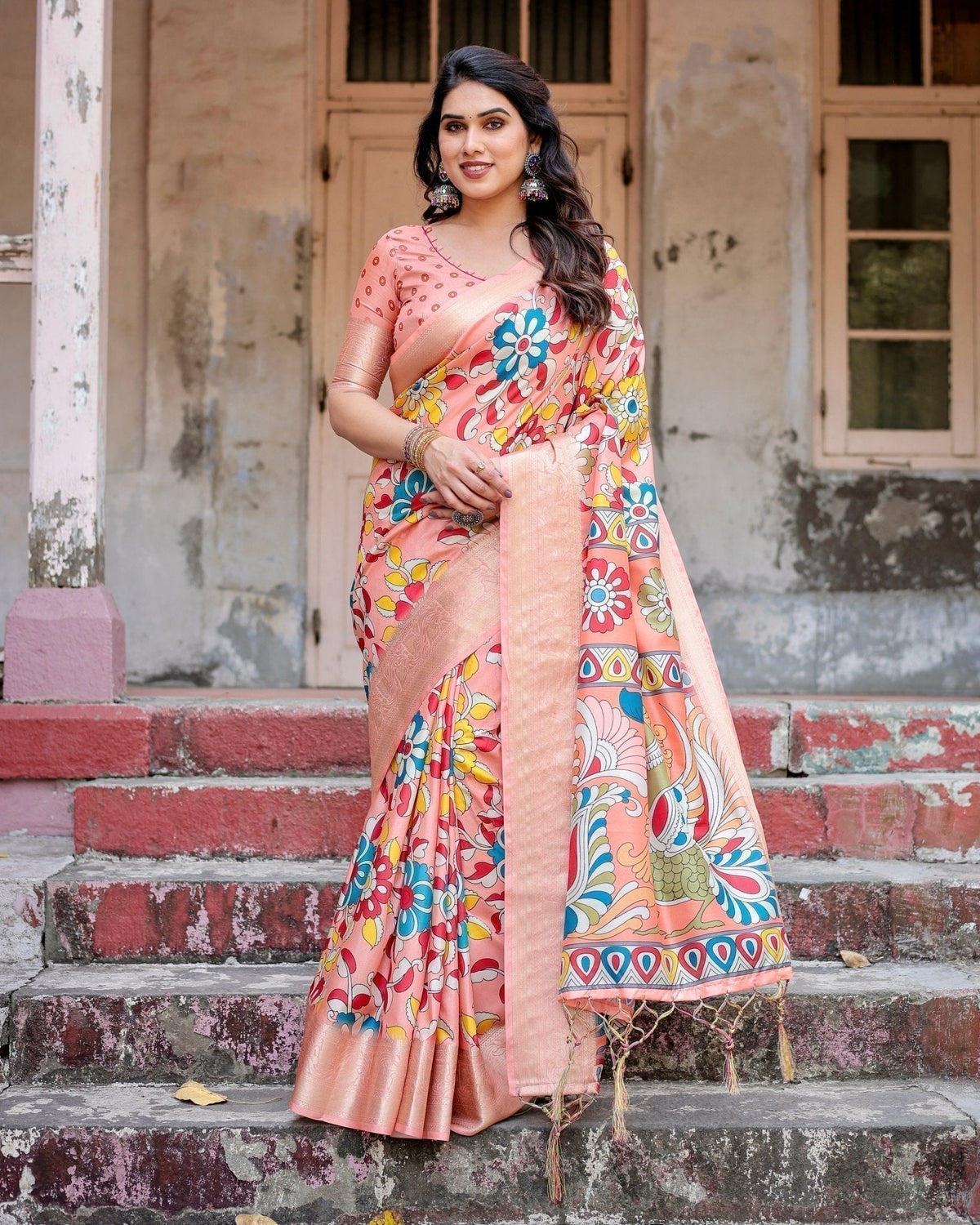 Peach Tussar Silk Saree with Vibrant Floral Kalamkari and Zari