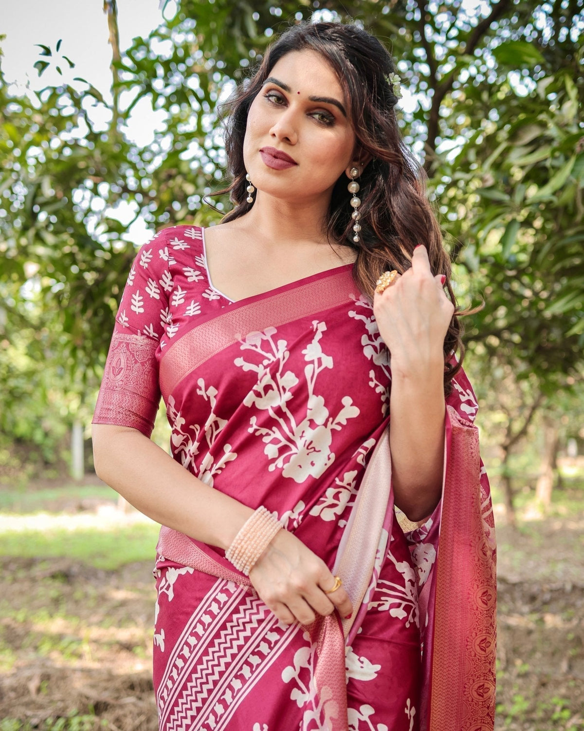 Maroon Tussar Silk Saree with White Floral Motifs, Intricate Zari