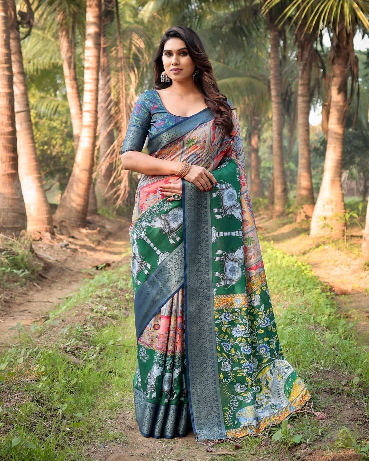 Multicolored Digital Print Tussar Silk Saree with Intricate Zari