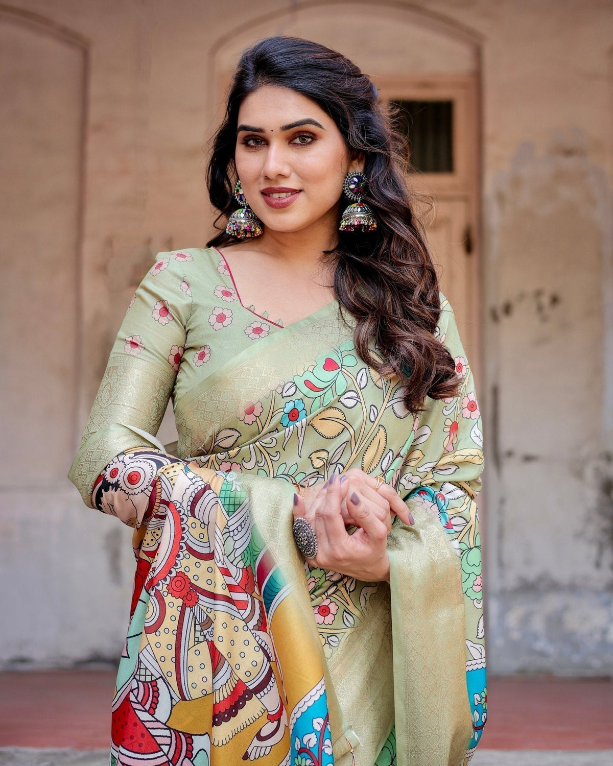 Pastel Green Tussar Silk Saree with Mythological Kalamkari Pallu and
