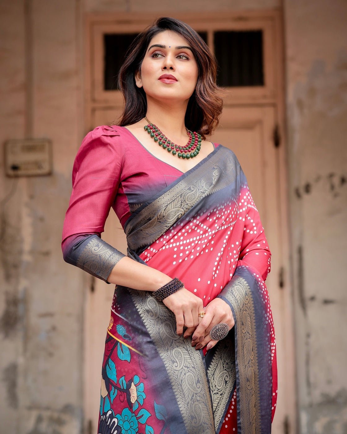 Crimson Red Tussar Silk Saree with Bandhani Patterns, Zari Border, and