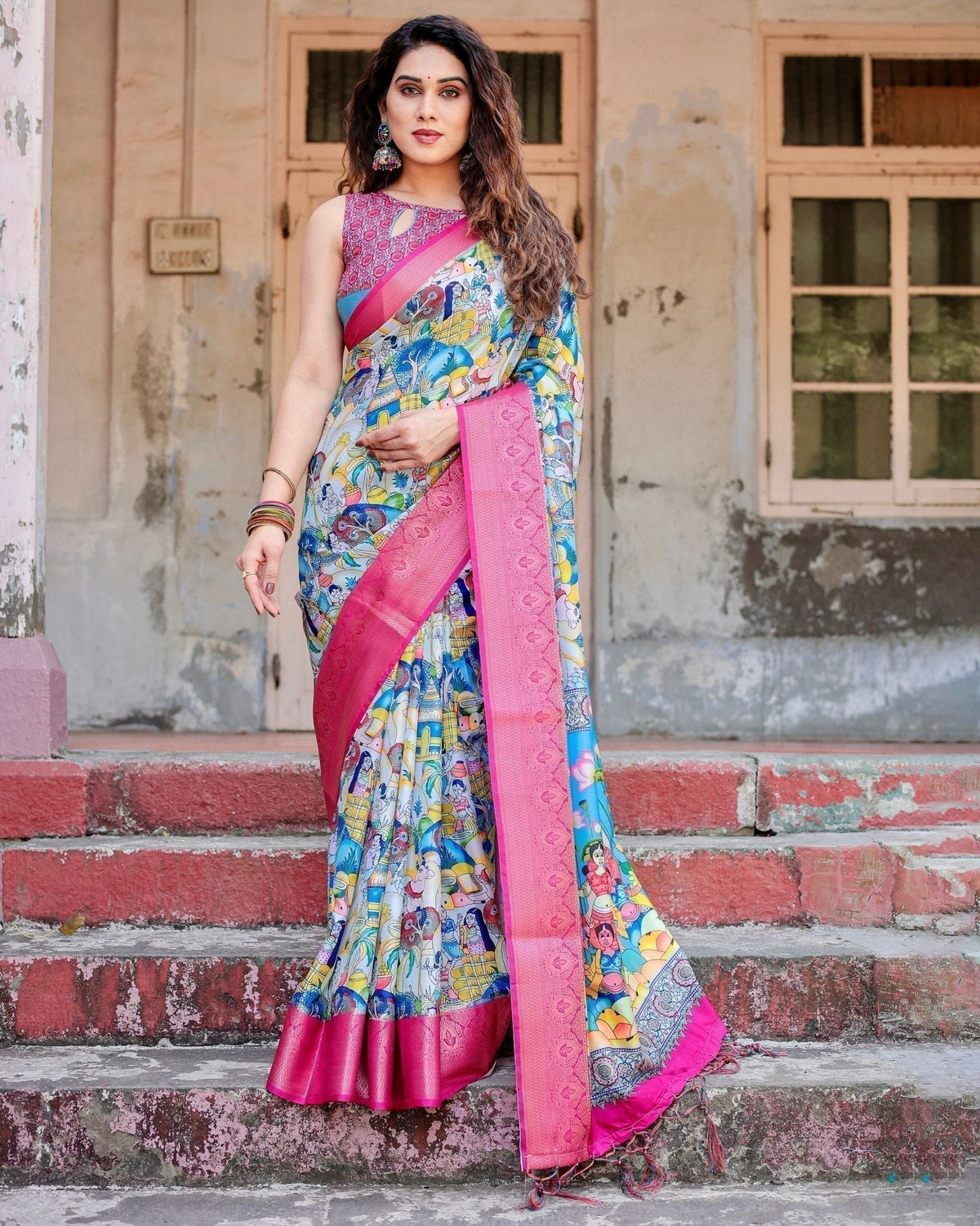 Vibrant Multicolor Digital Printed Tussar Silk Saree with Pink Zari