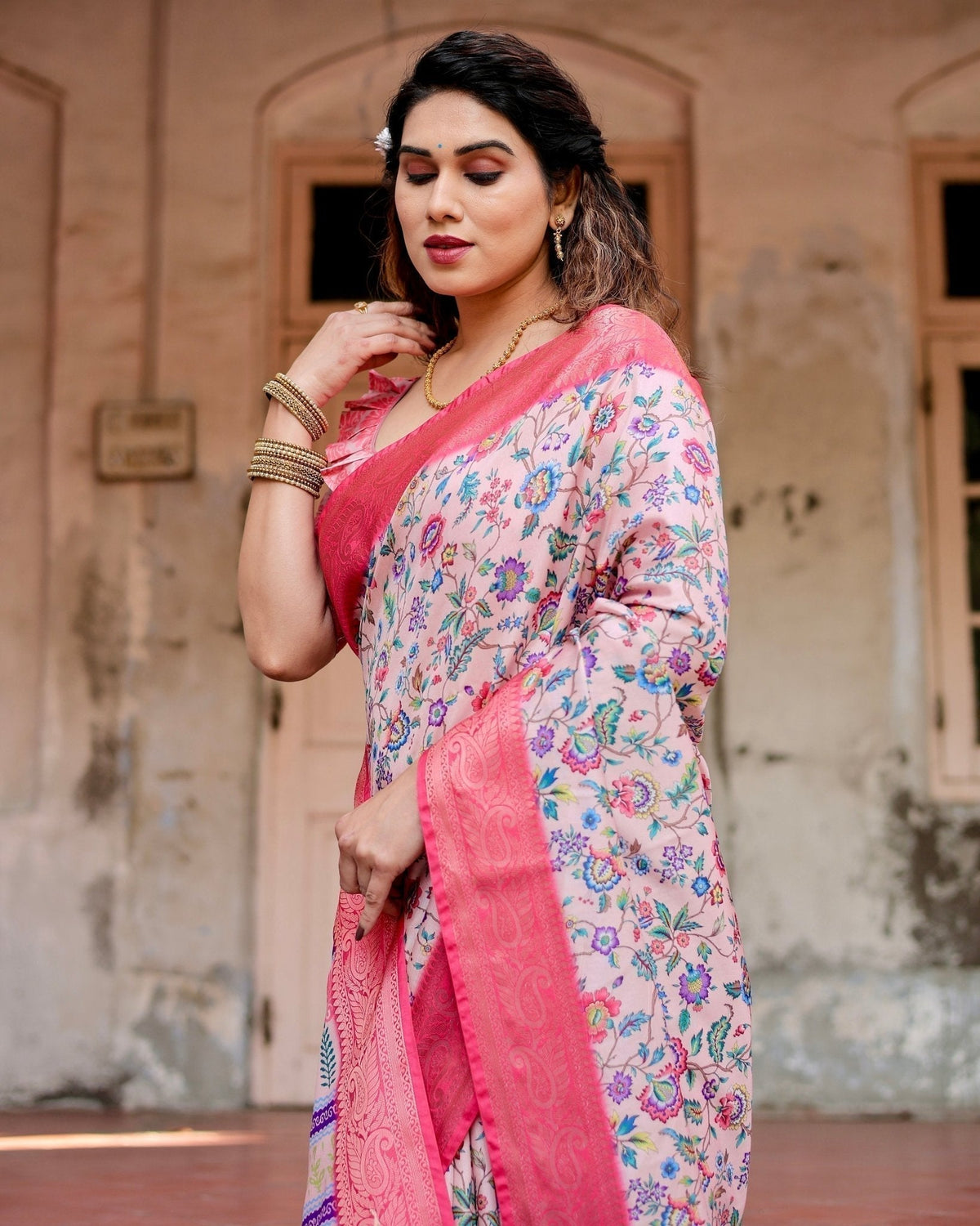 Blush Pink Tussar Silk Saree with Multicolor Floral Design and Zari