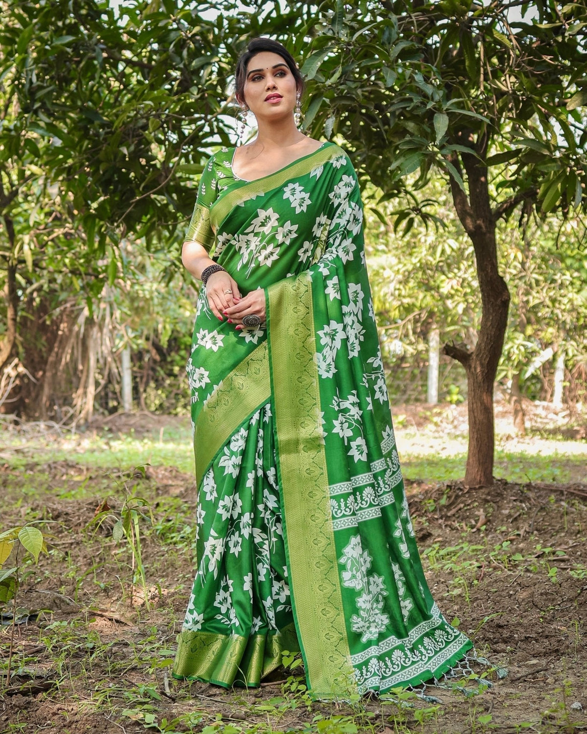 Enchanting Green Tussar Silk Saree with White Floral Prints and Zari