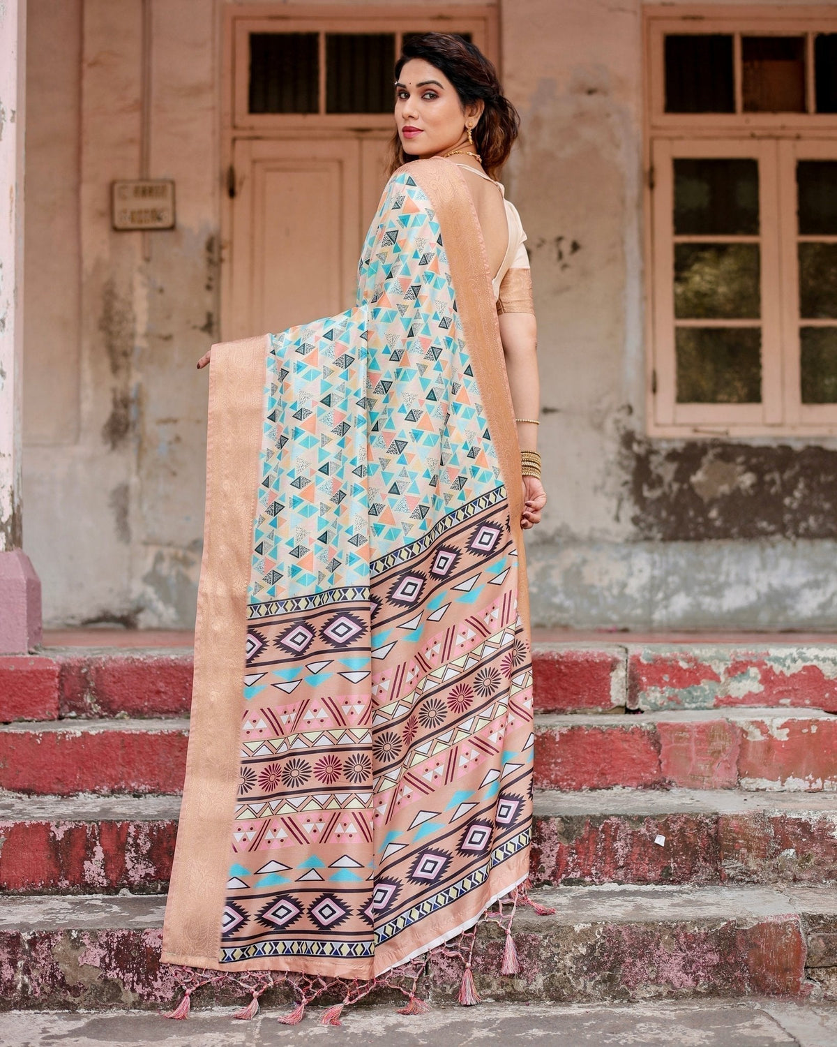Contemporary Beige Tussar Silk Saree with Geometric Triangle Print and