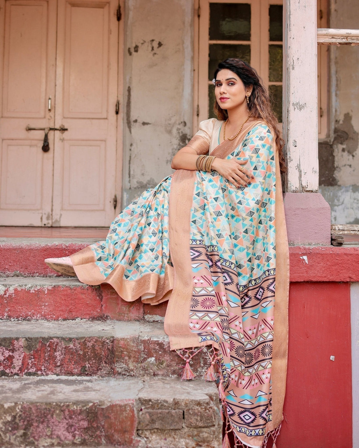 Contemporary Beige Tussar Silk Saree with Geometric Triangle Print and