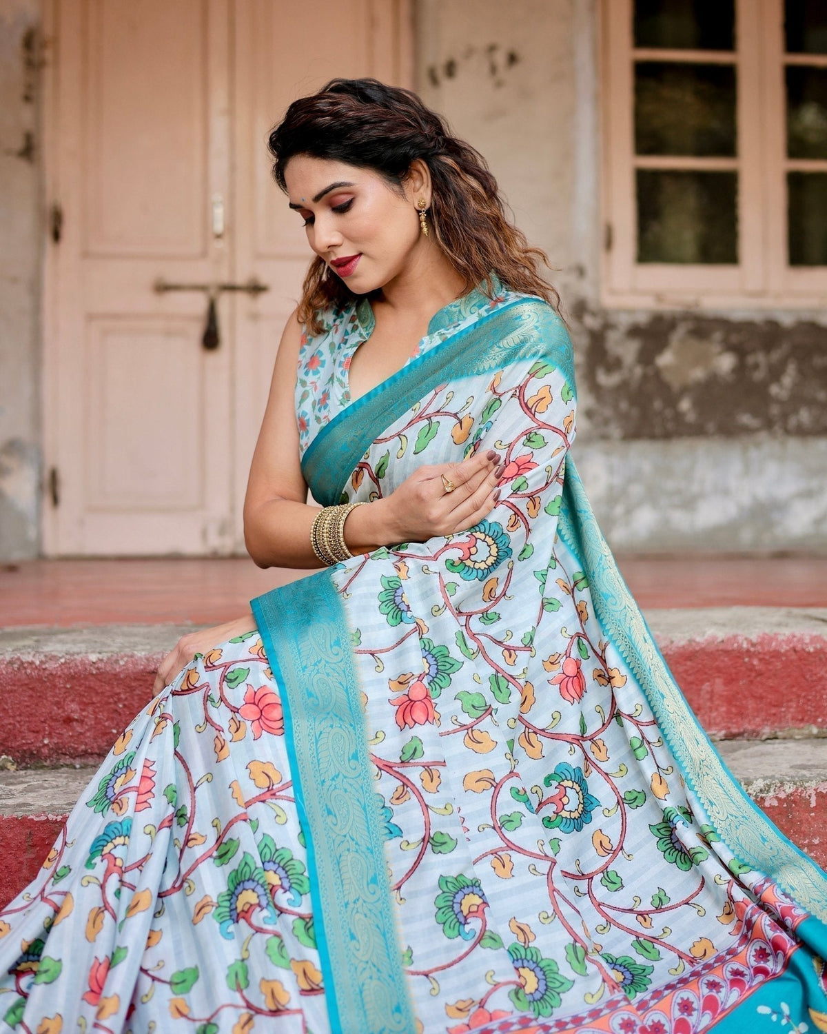 Sky Blue Tussar Silk Saree with Multicolor Floral Design and Zari