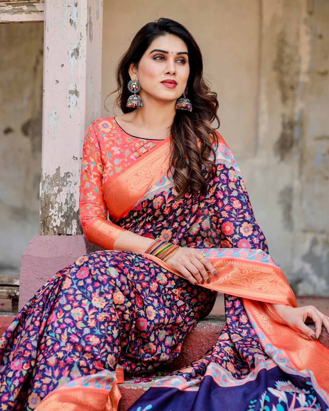 Navy Blue and Peach Tussar Silk Saree with Peacock Motifs and Floral