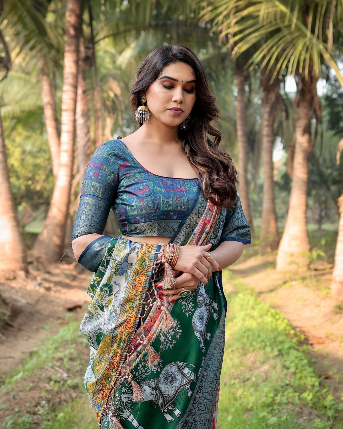 Multicolored Digital Print Tussar Silk Saree with Intricate Zari