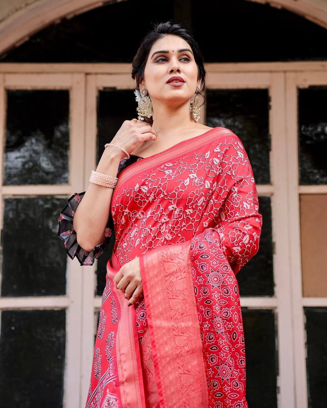 Fiery Red Tussar Silk Saree with Ornamental Motifs and Detailed Zari