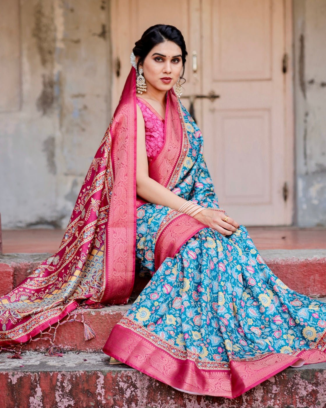 Teal Blue and Coral Tussar Silk Saree with Vibrant Floral Motifs and