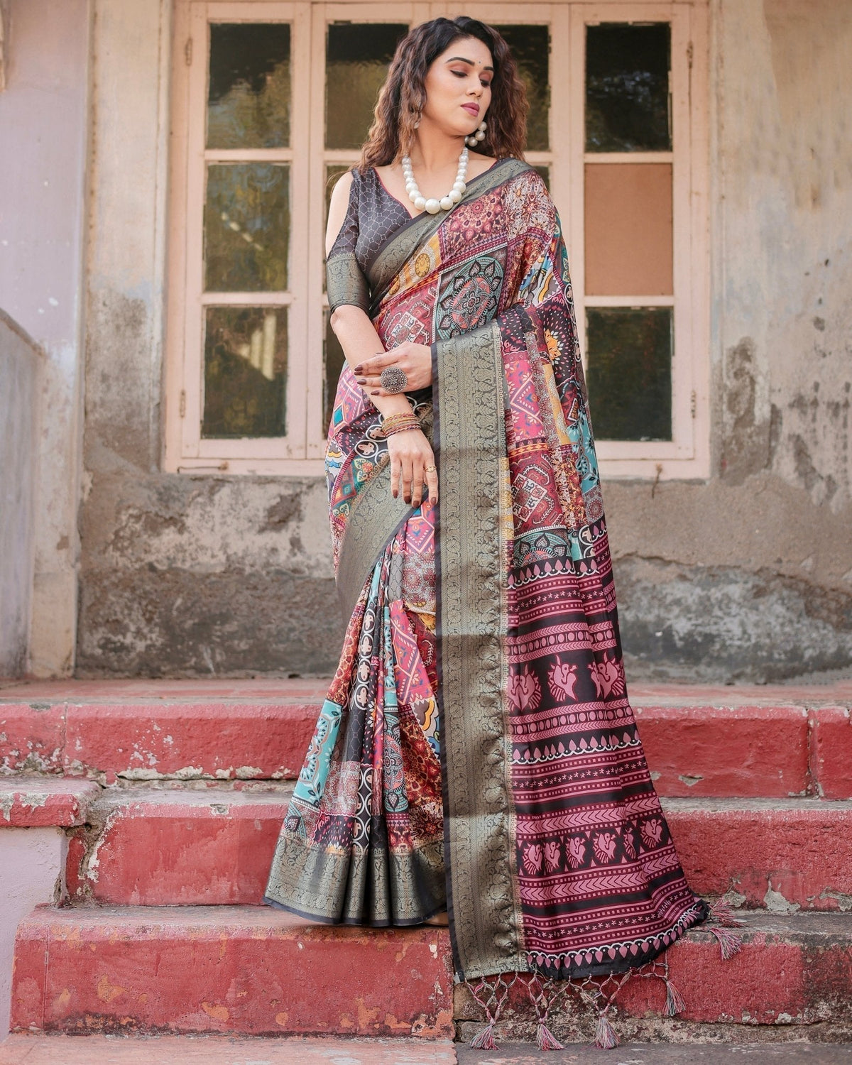 Multicolor Tussar Silk Saree with Ornamental Patchwork and Olive Zari