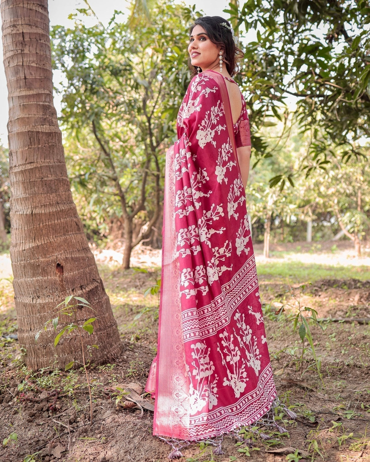 Maroon Tussar Silk Saree with White Floral Motifs, Intricate Zari