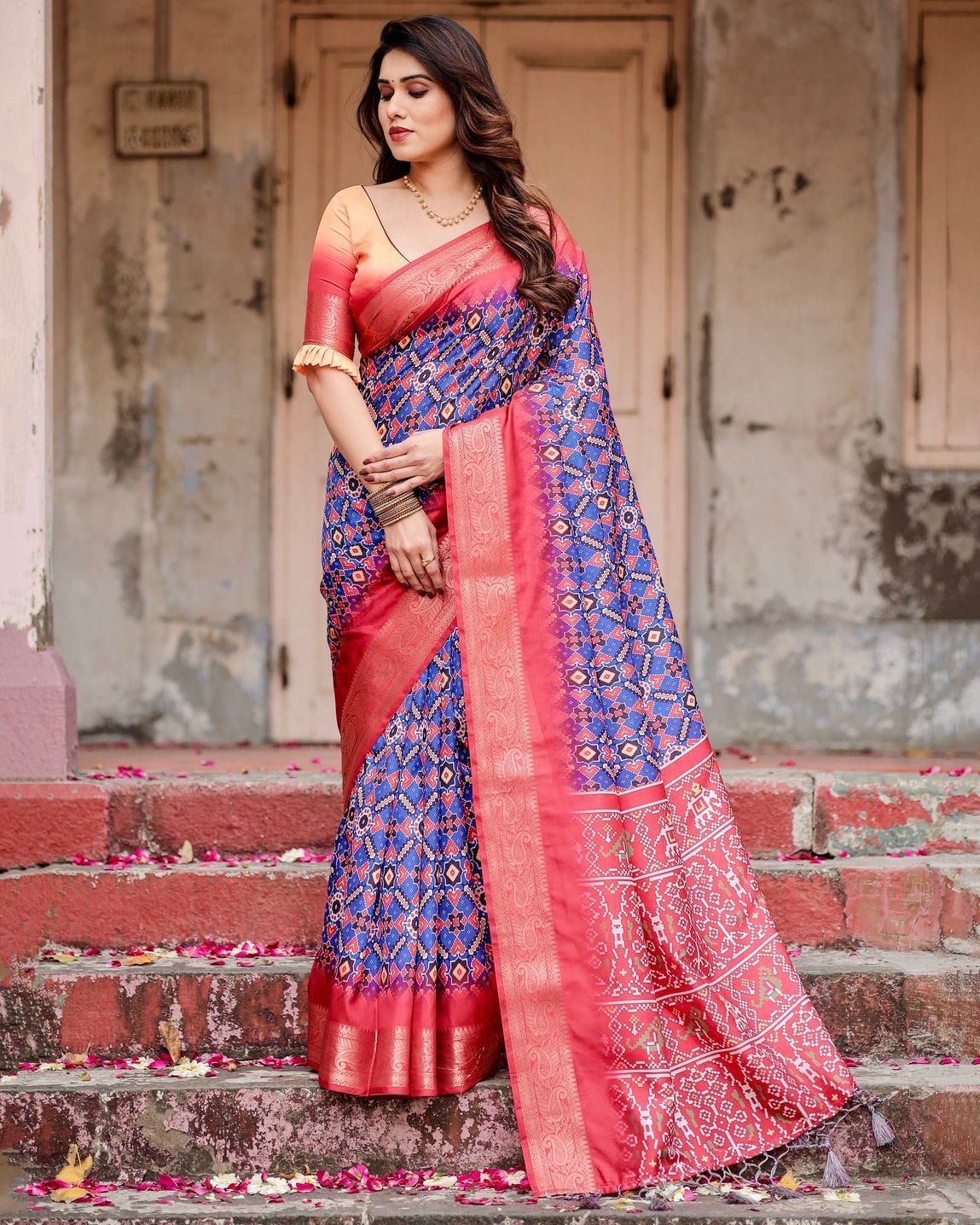 Royal Blue and Red Tussar Silk Saree with Geometric Patterns and