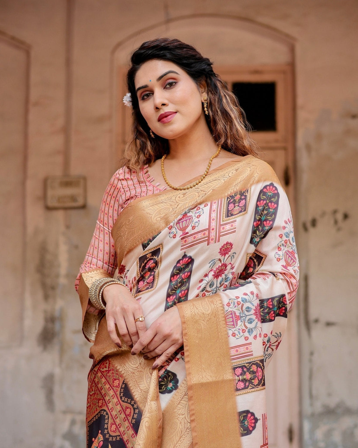 Ivory Tussar Silk Saree with Artistic Floral Motifs and Gleaming