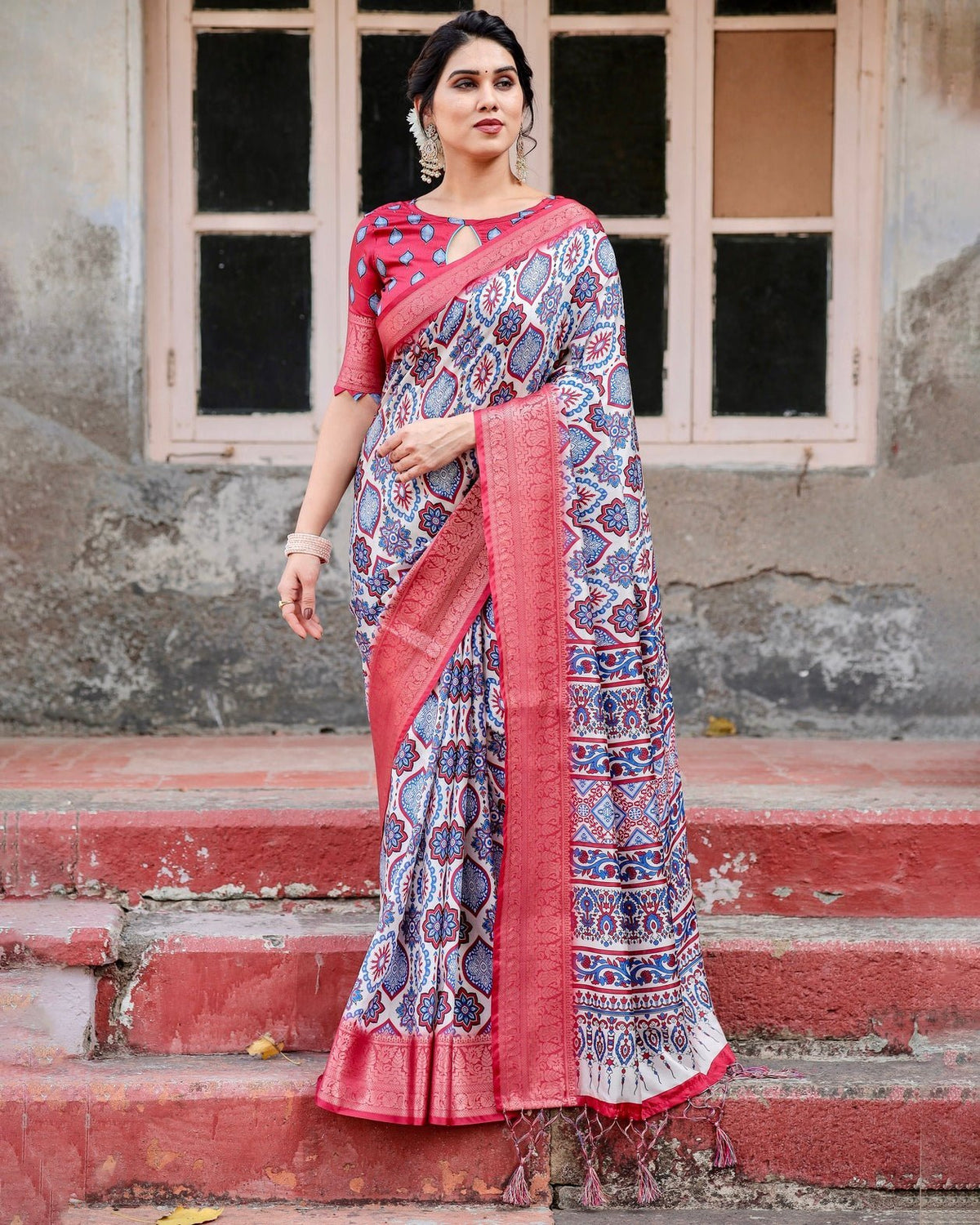 White and Red Tussar Silk Saree with Vibrant Floral Geometric Motifs