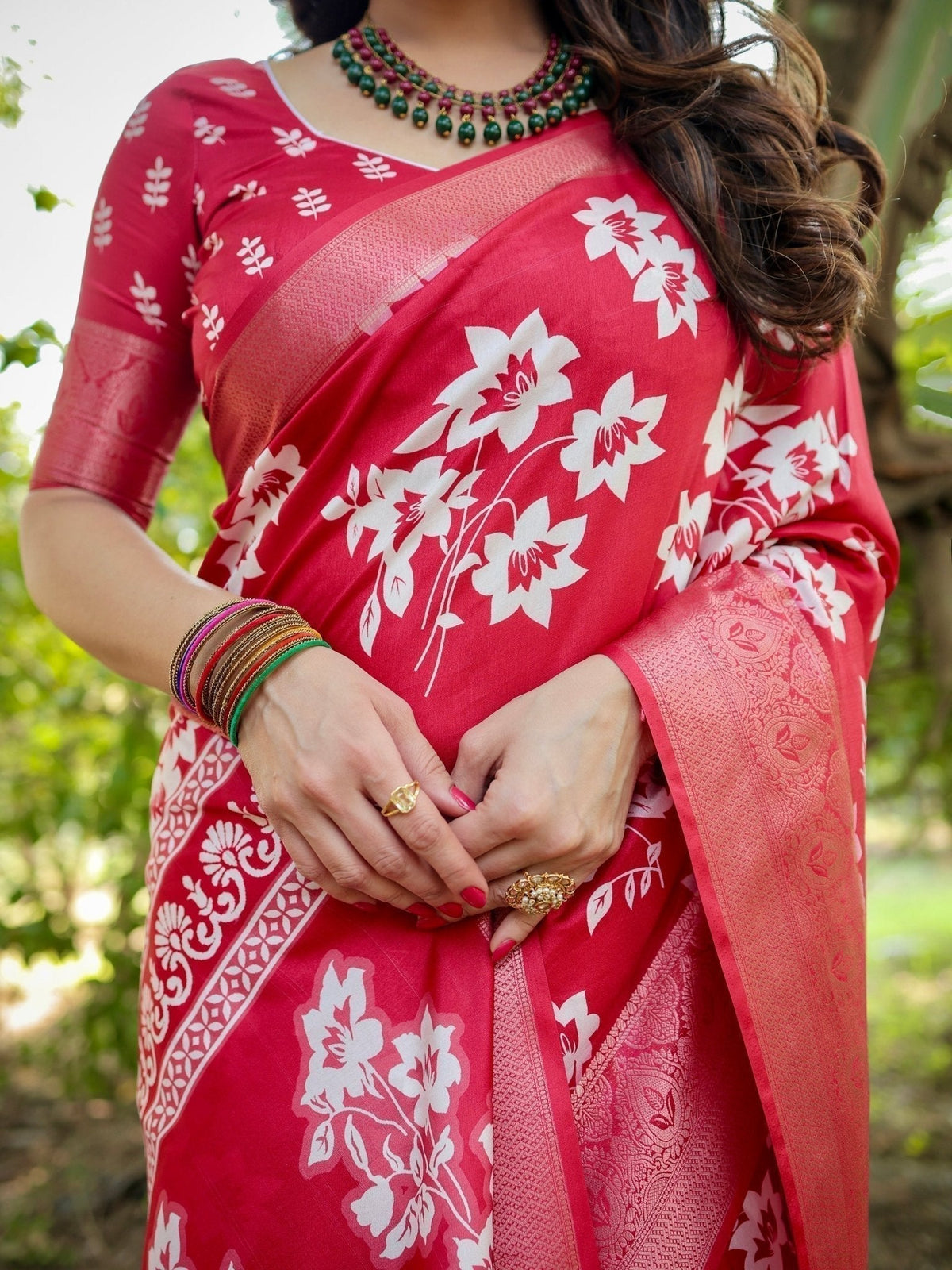 Graceful Red Tussar Silk Saree with White Floral Design and Zari