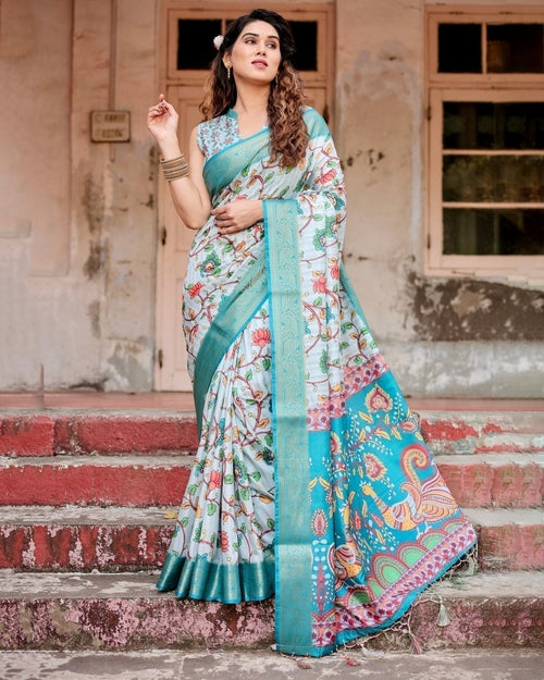 Sky Blue Tussar Silk Saree with Multicolor Floral Design and Zari