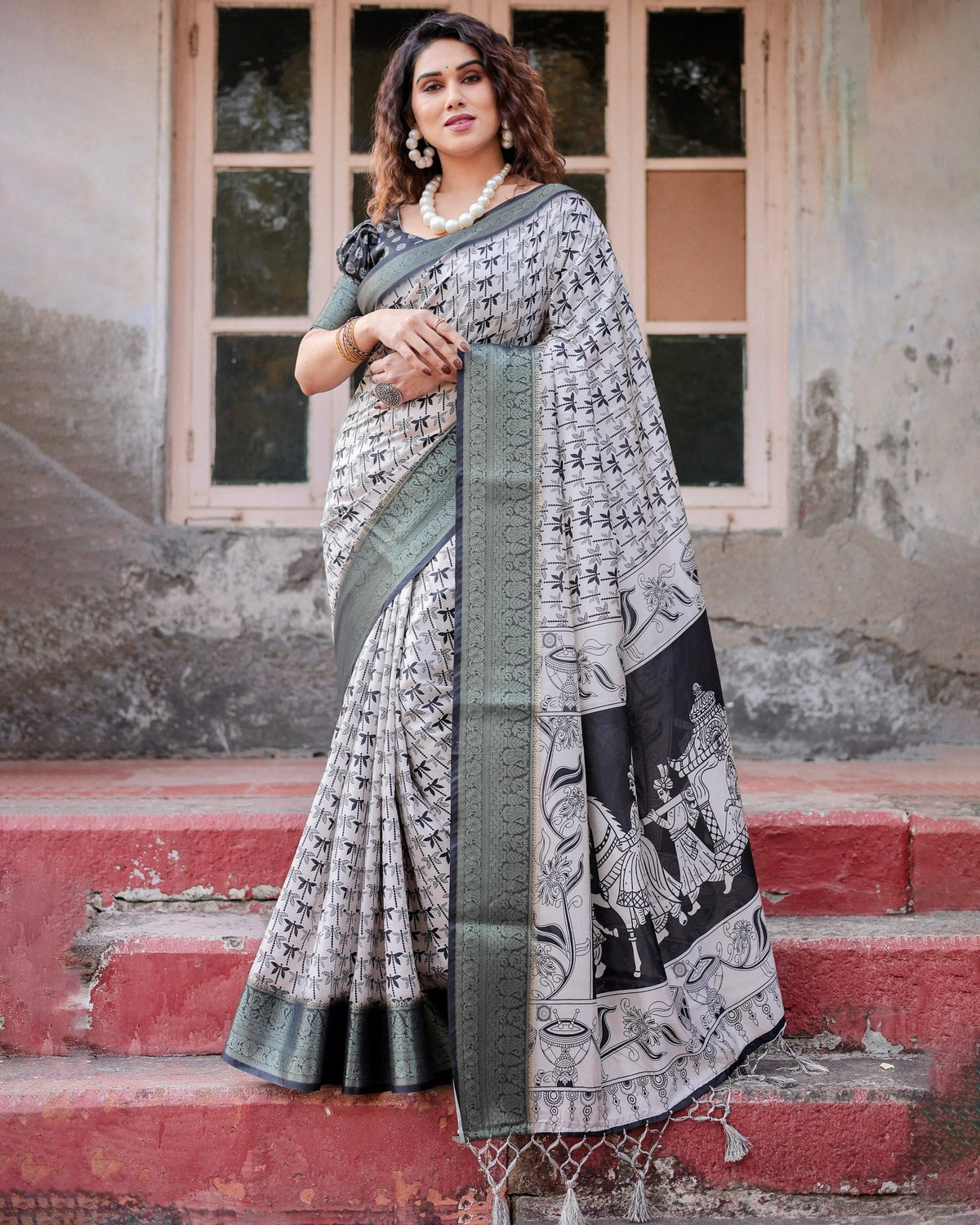 Monochrome White and Black Tussar Silk Saree with Tribal Art Motifs