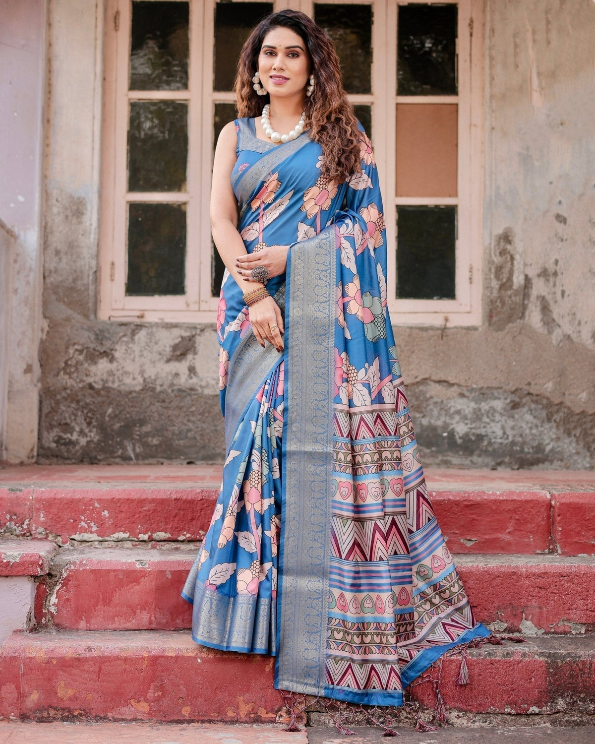 Sky Blue Tussar Silk Saree with Bold Floral Motifs and Chevron Pallu