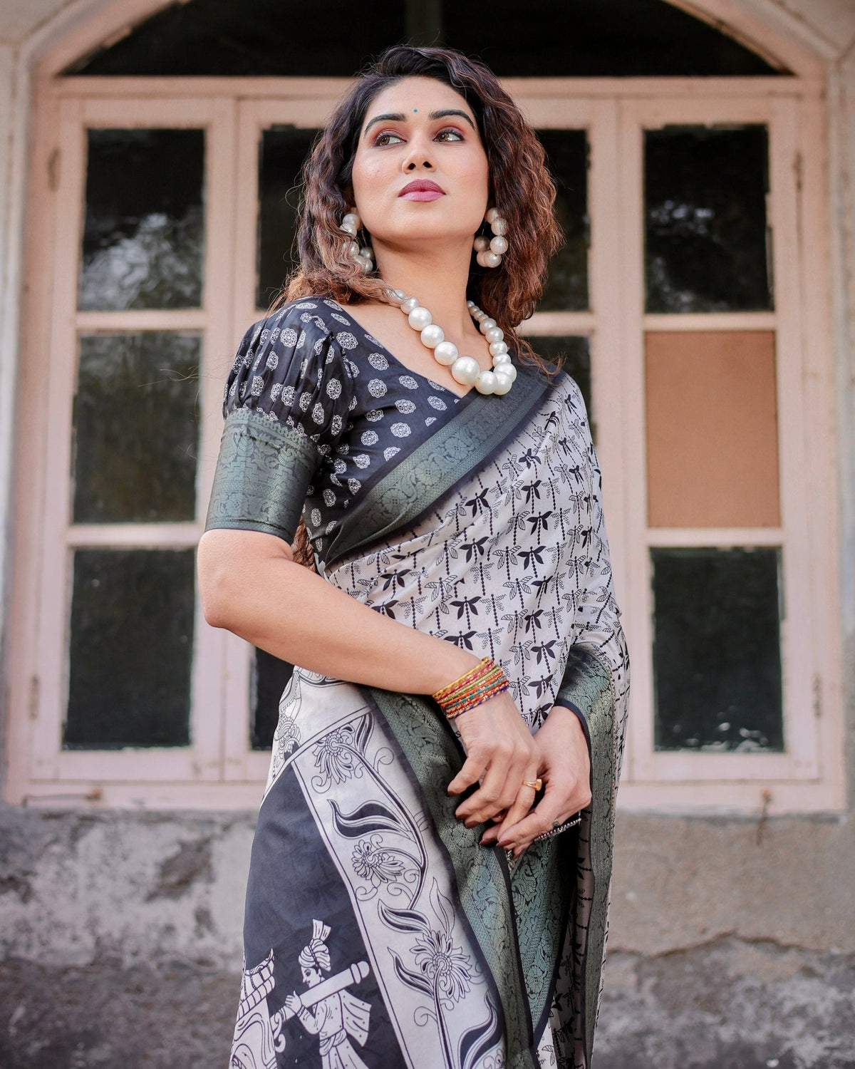 Monochrome White and Black Tussar Silk Saree with Tribal Art Motifs
