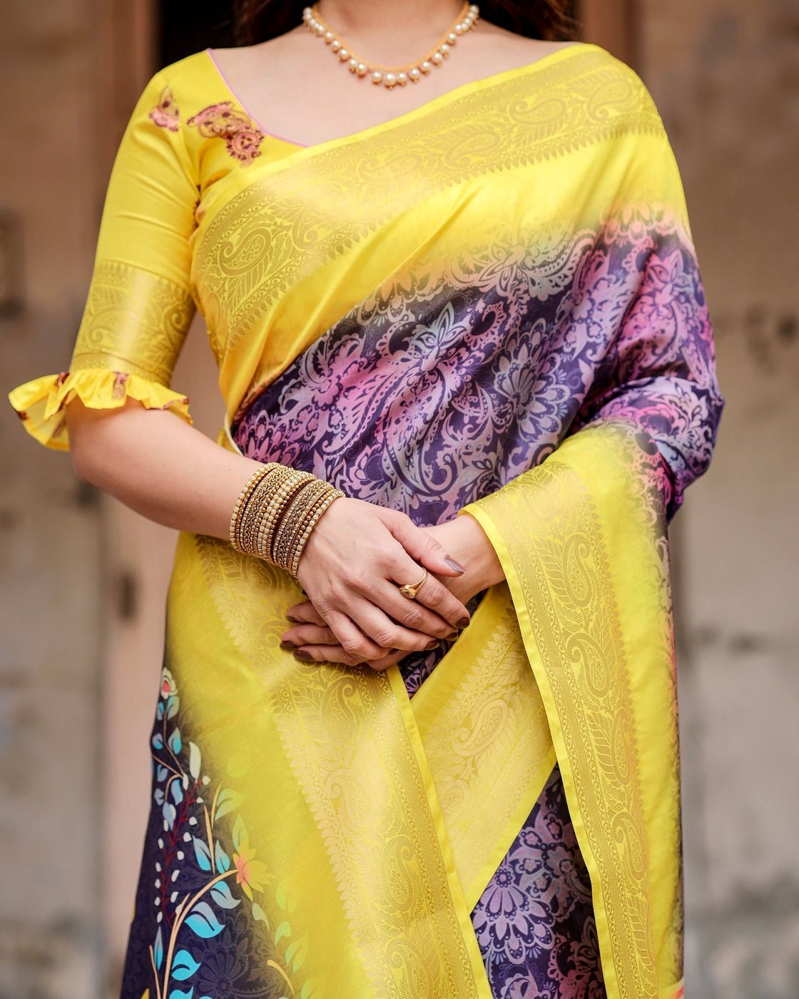 Purple and Yellow Tussar Silk Saree with Artistic Peacock Pallu and